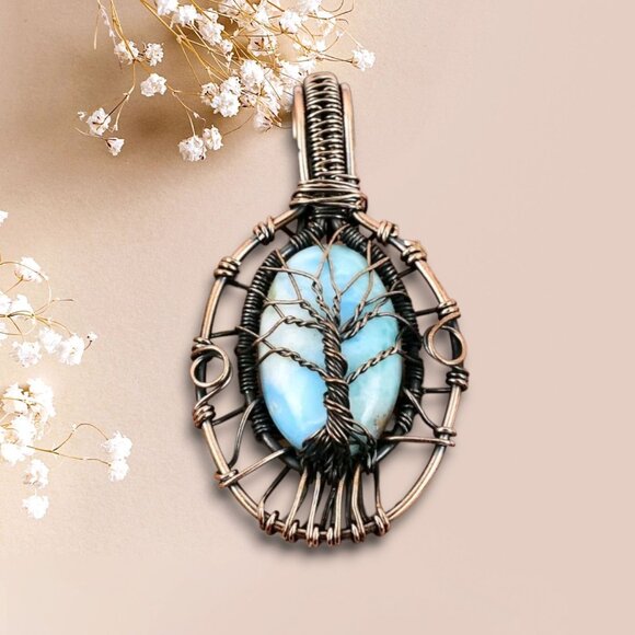 Handmade ✦ Copper Wire Wrap Tree of Life Pendant ✦ Oval Larimar Stone Necklace - Picture 1 of 9